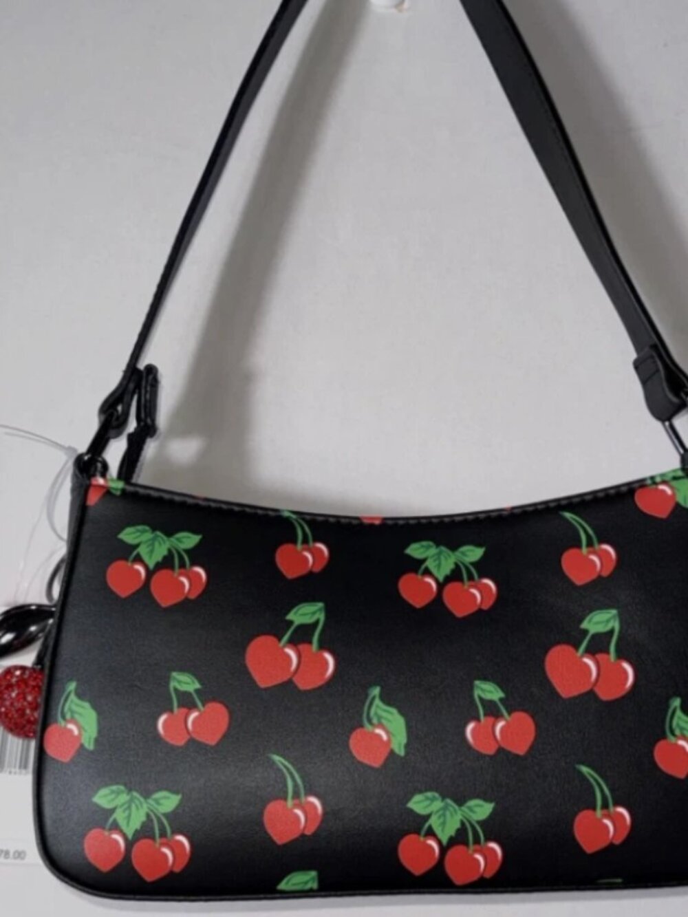 BETSEY JOHNSON Women’s Shoulder Bag With Cherries Red Crystal Cherry Charm NWT - Picture 2 of 11